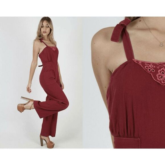 Vintage Pants - Young Edwardian Vintage 1970s Burgundy Floral Embroidered Disco Jumpsuit